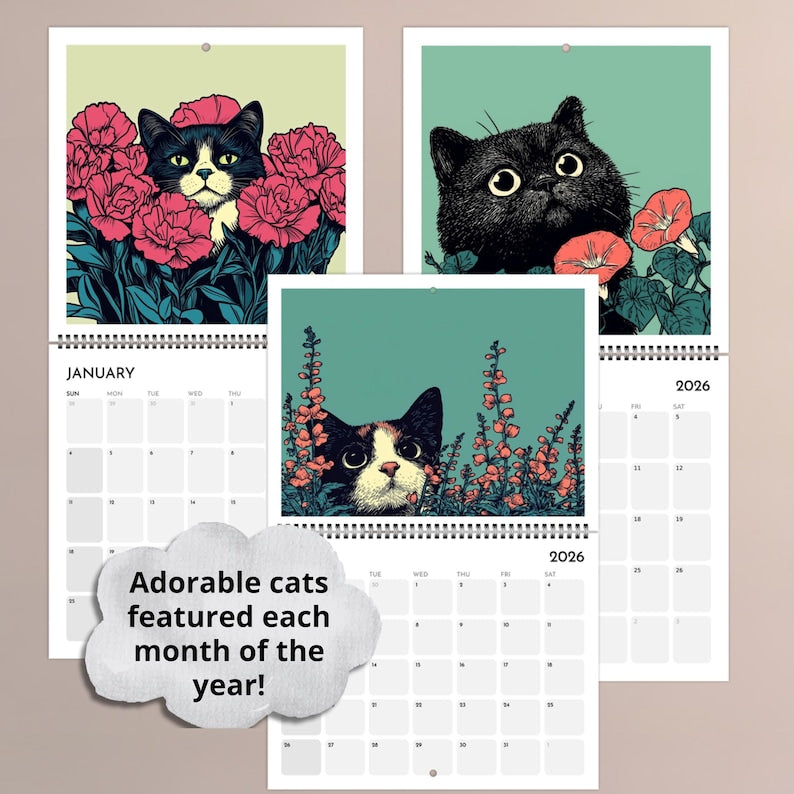2026 Cats Chillin' with Birth Flowers Wall Calendar