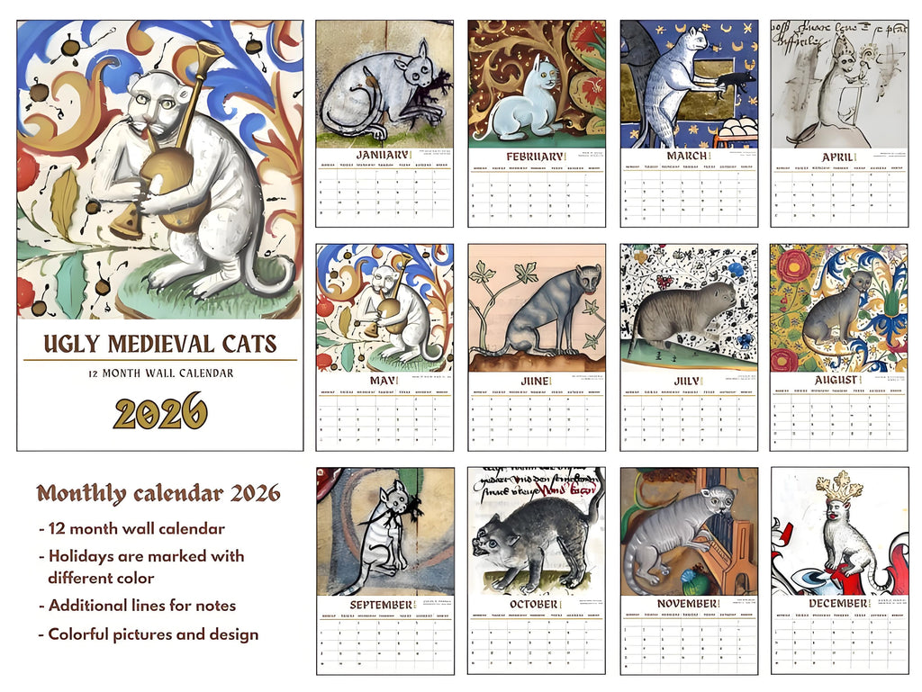 Ugly Medieval Cats 2026 Wall Calendar