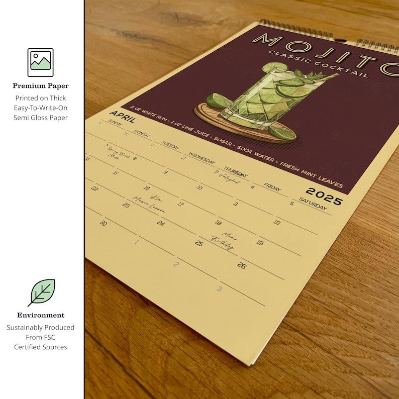 2025 Cocktail Art Wall Calendar